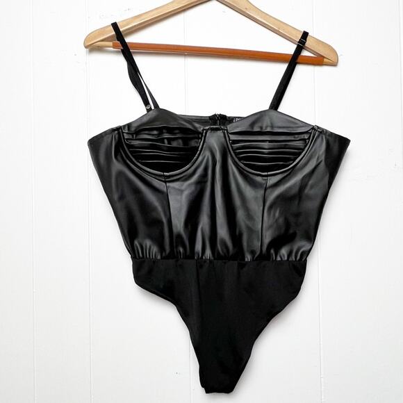 Love X Design Tops - Love X Design Black Faux Leather Pleated Cups Cami Bodysuit Women’s Size Large